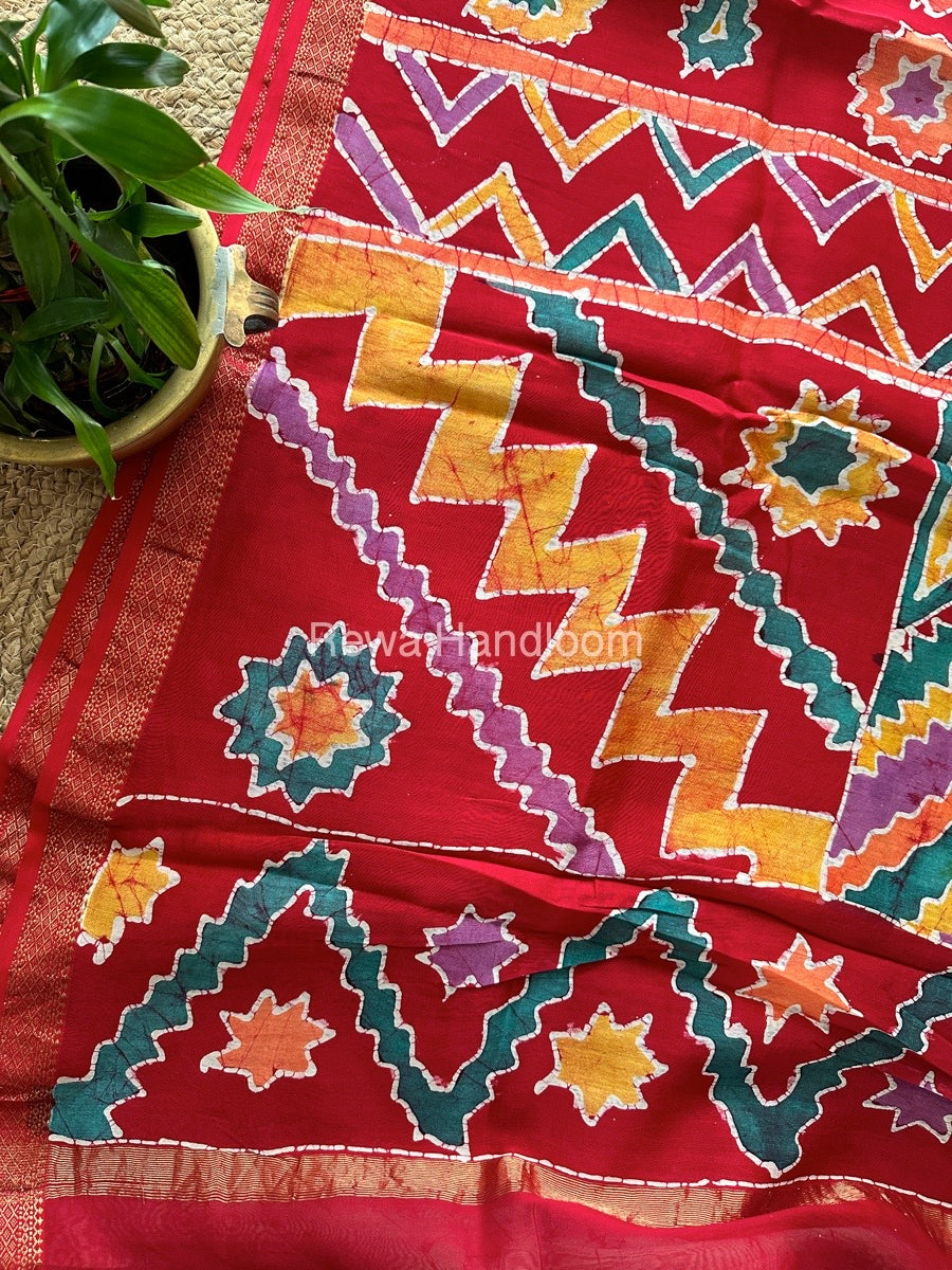 Maheshwari Red Batik Indonesian Print Saree IBS047