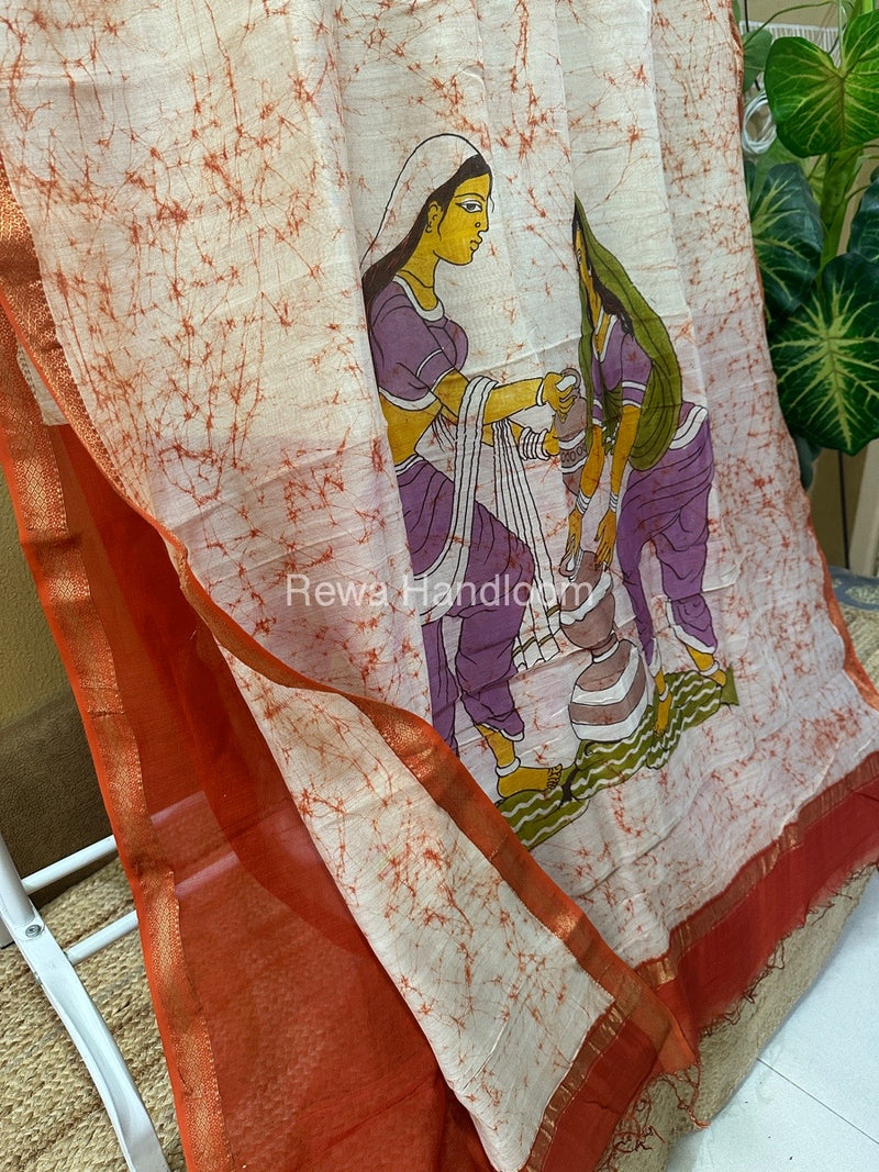 Maheshwari Orange Batik Figure Handpainted Saree MFPS013