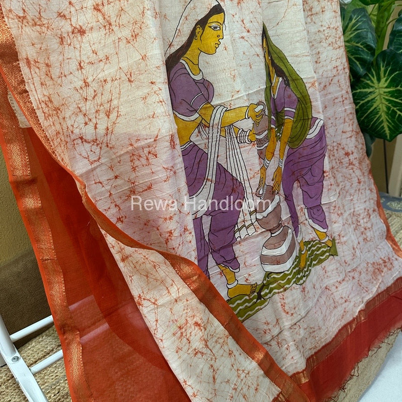 Maheshwari Orange Batik Figure Handpainted Saree MFPS013