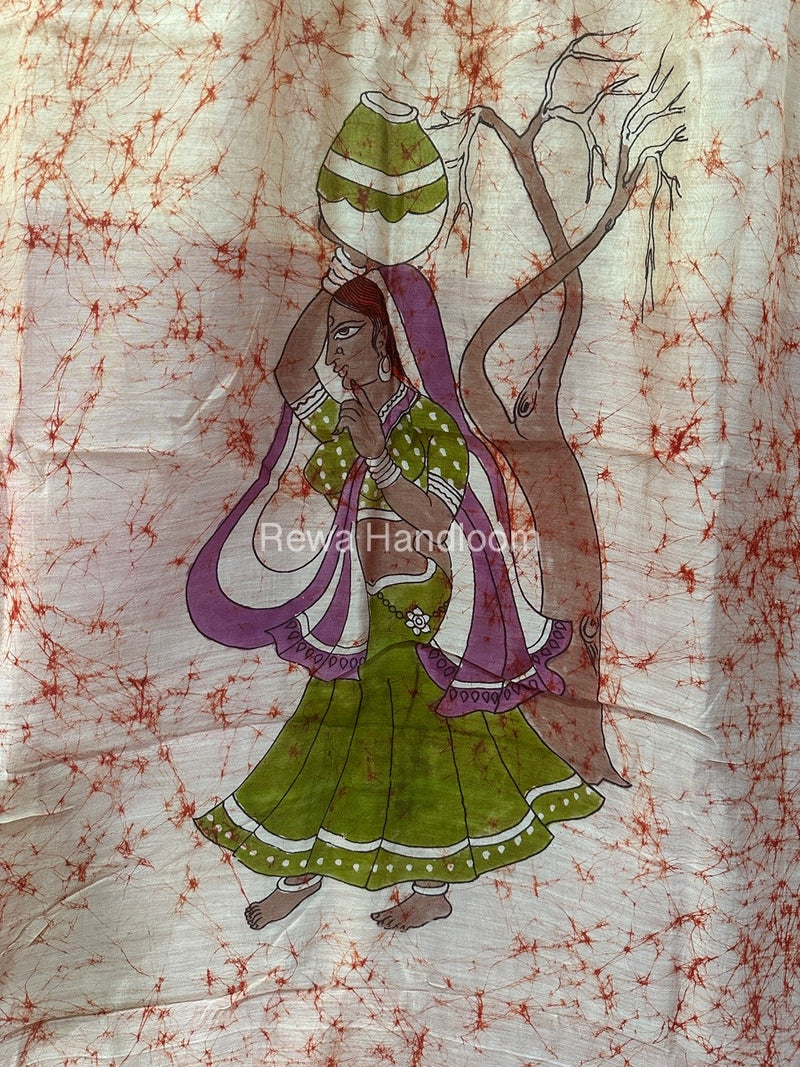 Maheshwari Orange Batik Figure Handpainted Saree MFPS019