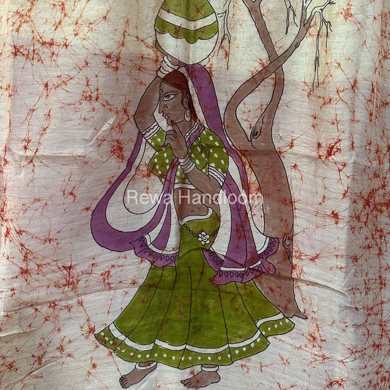 Maheshwari Orange Batik Figure Handpainted Saree MFPS019