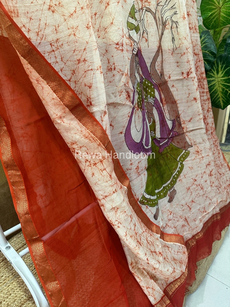 Maheshwari Orange Batik Figure Handpainted Saree MFPS019