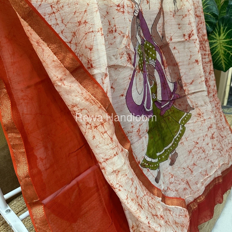 Maheshwari Orange Batik Figure Handpainted Saree MFPS019