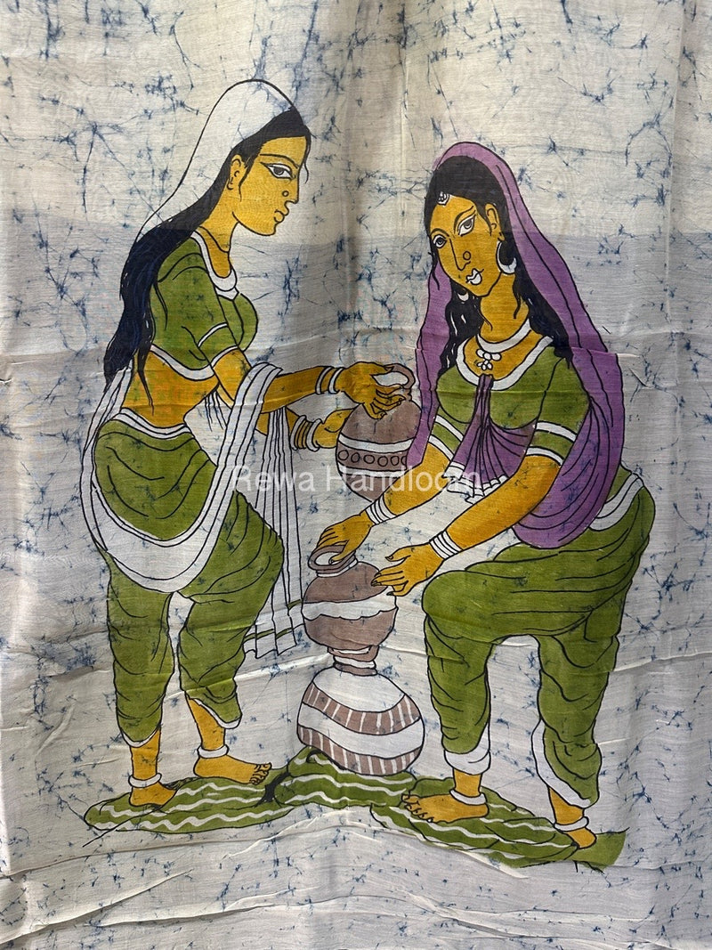 Maheshwari Sky Blue Batik Figure Handpainted Saree MFPS026