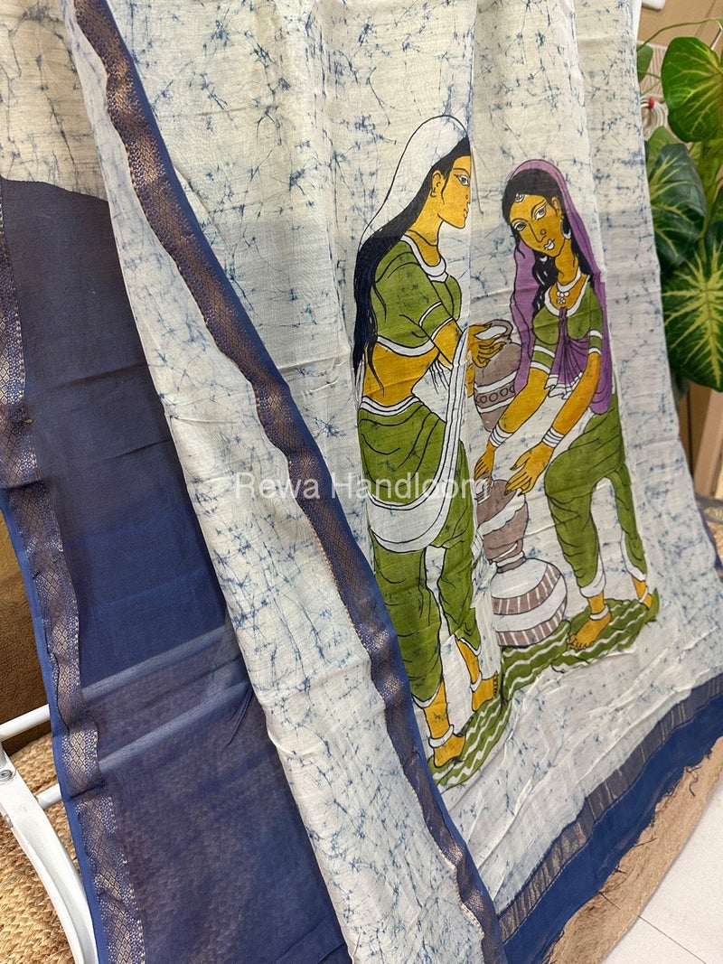 Maheshwari Sky Blue Batik Figure Handpainted Saree MFPS026