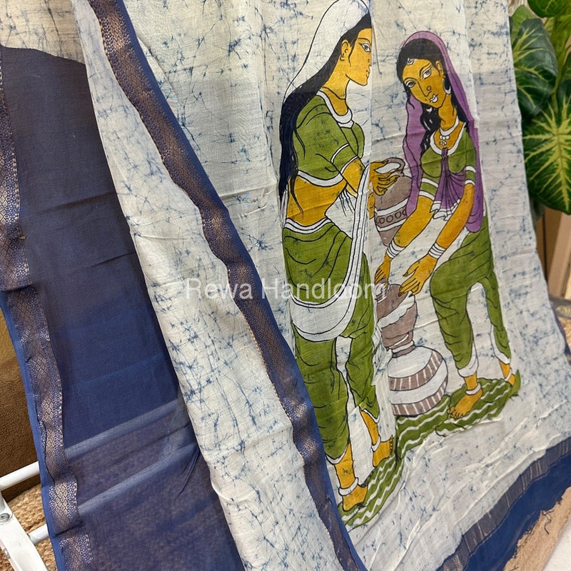 Maheshwari Sky Blue Batik Figure Handpainted Saree MFPS026