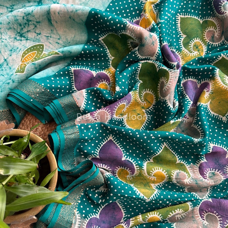 Maheshwari Green Batik Indonesian Print Saree IBS061