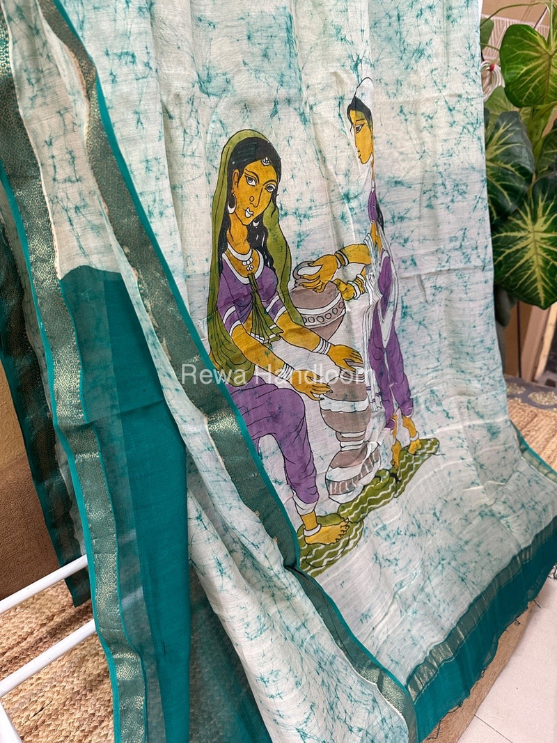 Maheshwari Aqua Green Batik Figure Handpainted Saree MFPS014