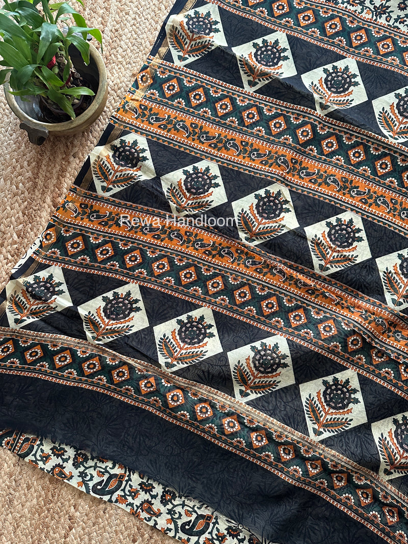 Cream Yellow Chanderi Silk Printed Saree CPS043