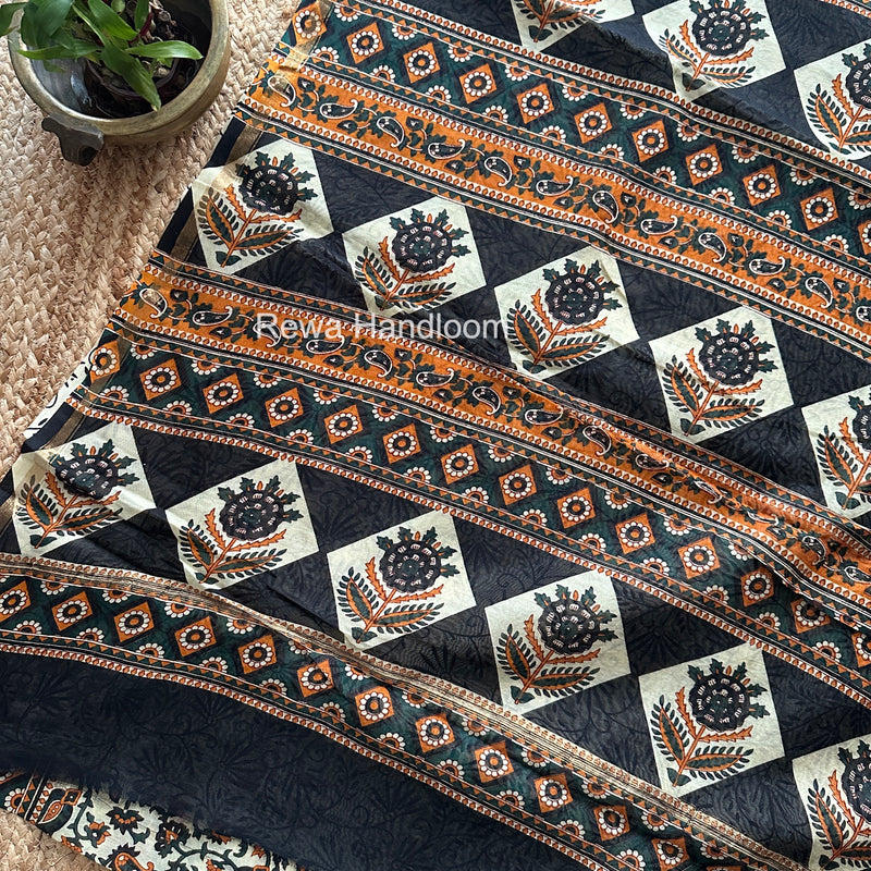 Cream Yellow Chanderi Silk Printed Saree CPS043