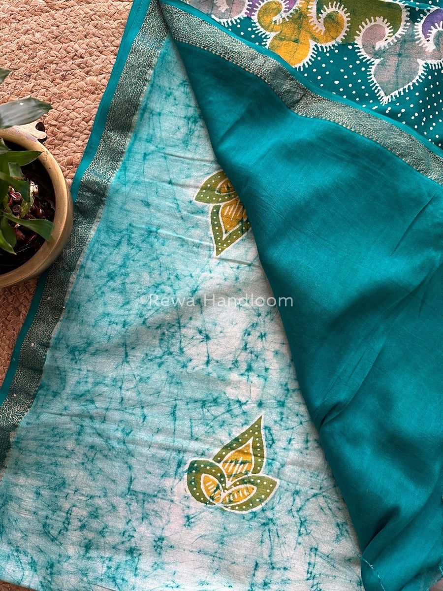 Maheshwari Green Batik Indonesian Print Saree IBS061