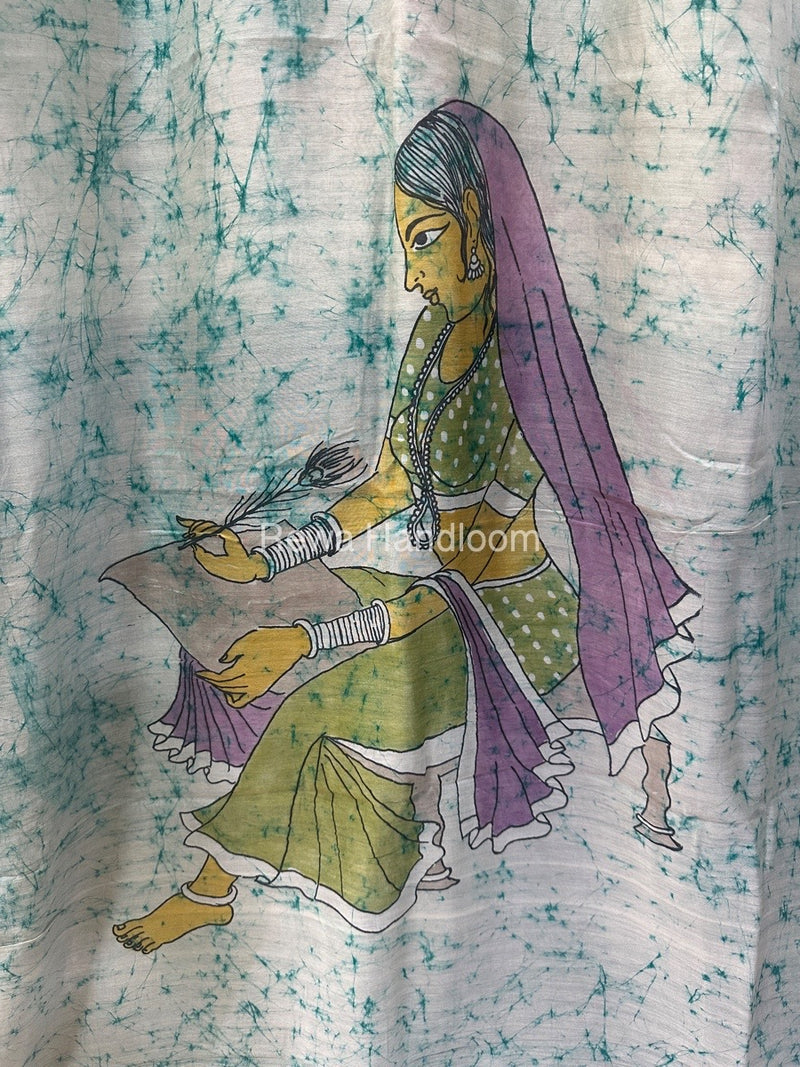 Maheshwari Light Rama Green Batik Figure Handpainted Saree MFPS02