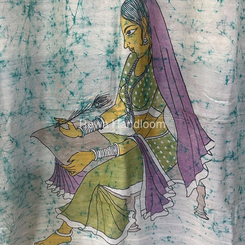 Maheshwari Light Rama Green Batik Figure Handpainted Saree MFPS02
