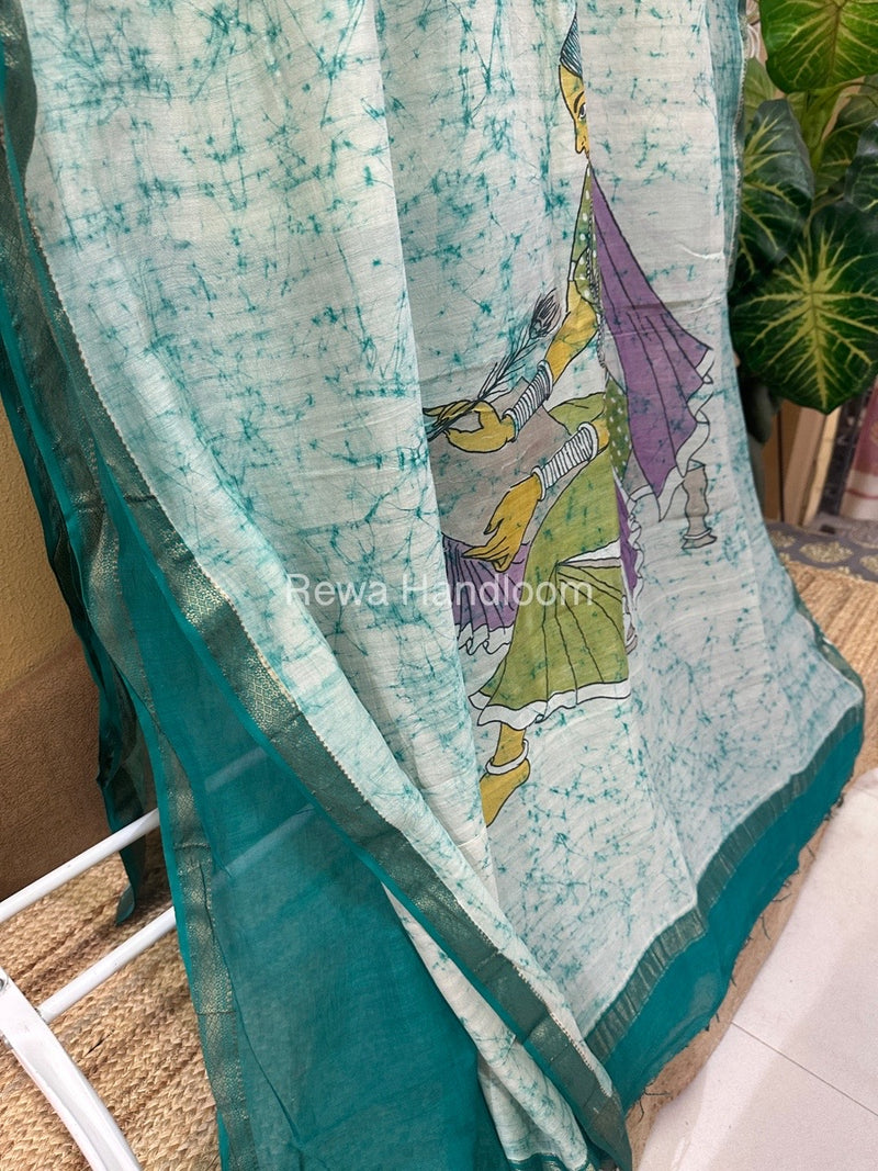 Maheshwari Light Rama Green Batik Figure Handpainted Saree MFPS02