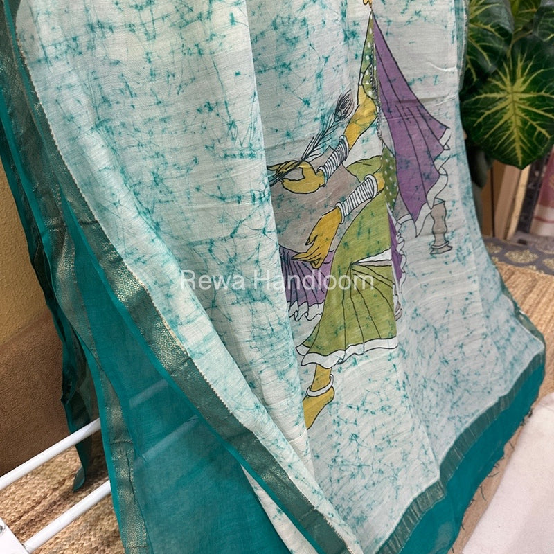 Maheshwari Light Rama Green Batik Figure Handpainted Saree MFPS02