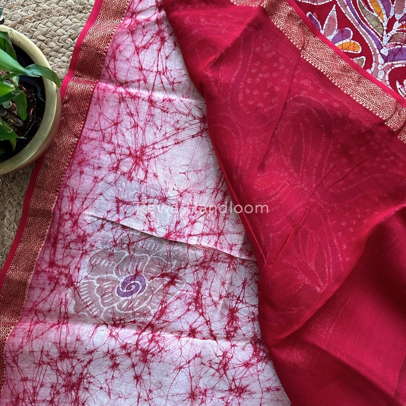 Maheshwari Red Batik Indonesian Print Saree IBS025
