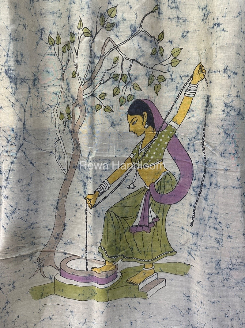 Maheshwari Sky Blue Batik Figure Handpainted Saree MFPS023