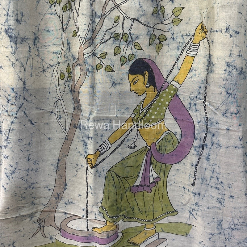 Maheshwari Sky Blue Batik Figure Handpainted Saree MFPS023