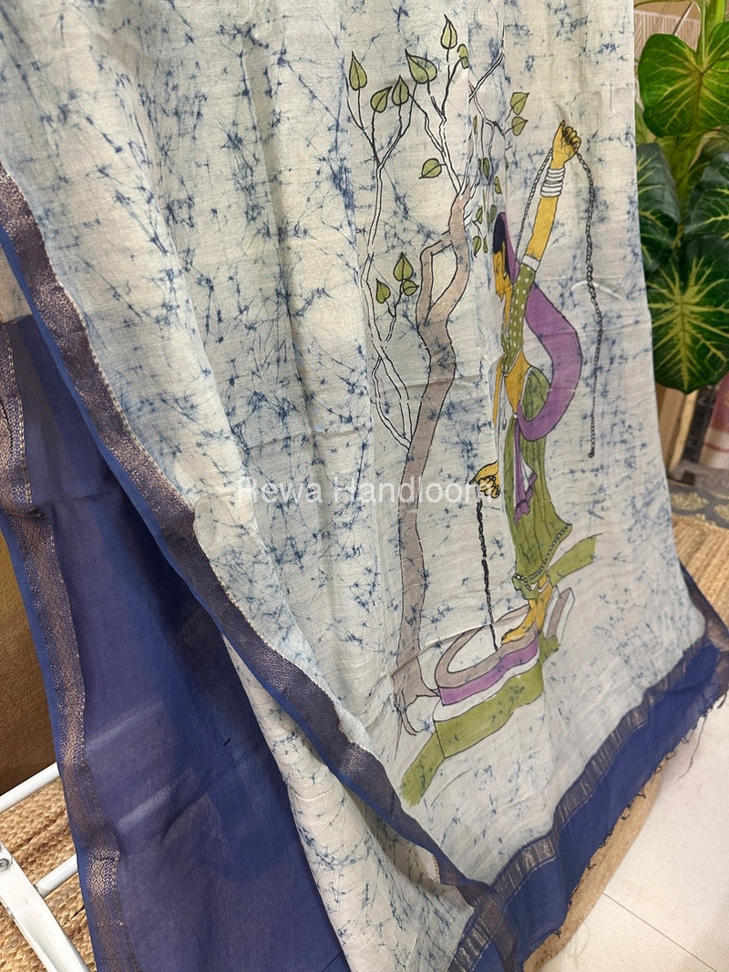 Maheshwari Sky Blue Batik Figure Handpainted Saree MFPS023