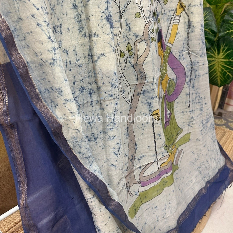 Maheshwari Sky Blue Batik Figure Handpainted Saree MFPS023