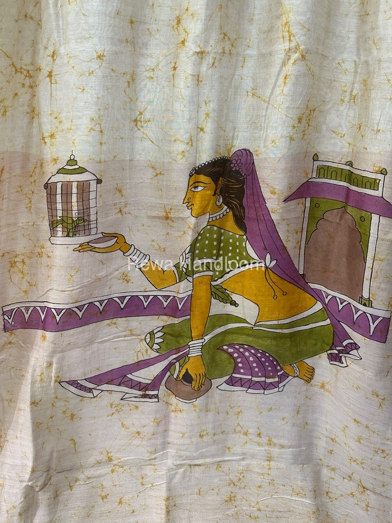 Maheshwari Yellow Batik Figure Handpainted Saree MFPS017