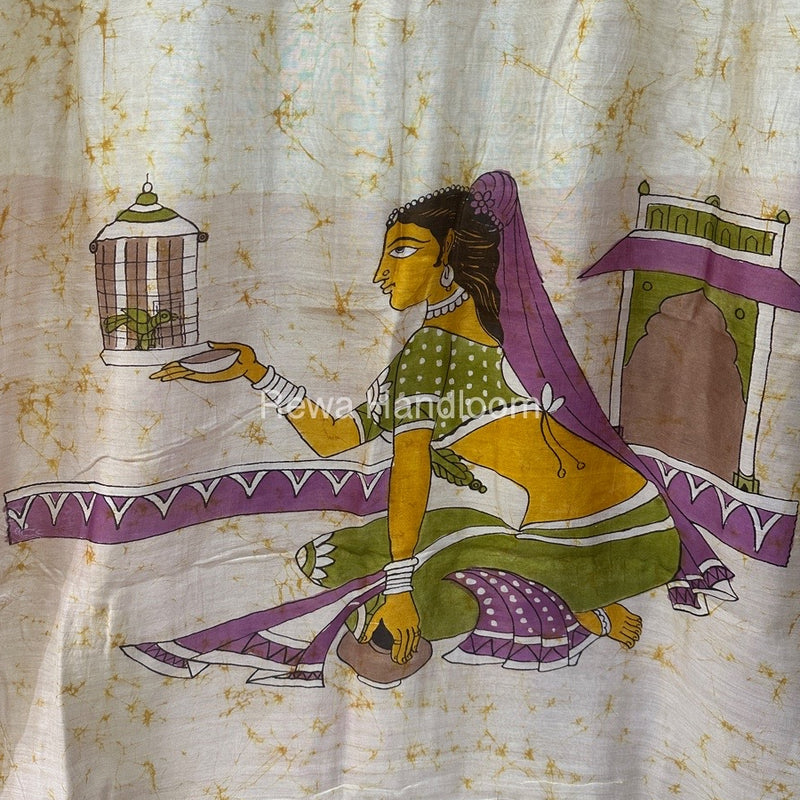 Maheshwari Yellow Batik Figure Handpainted Saree MFPS017