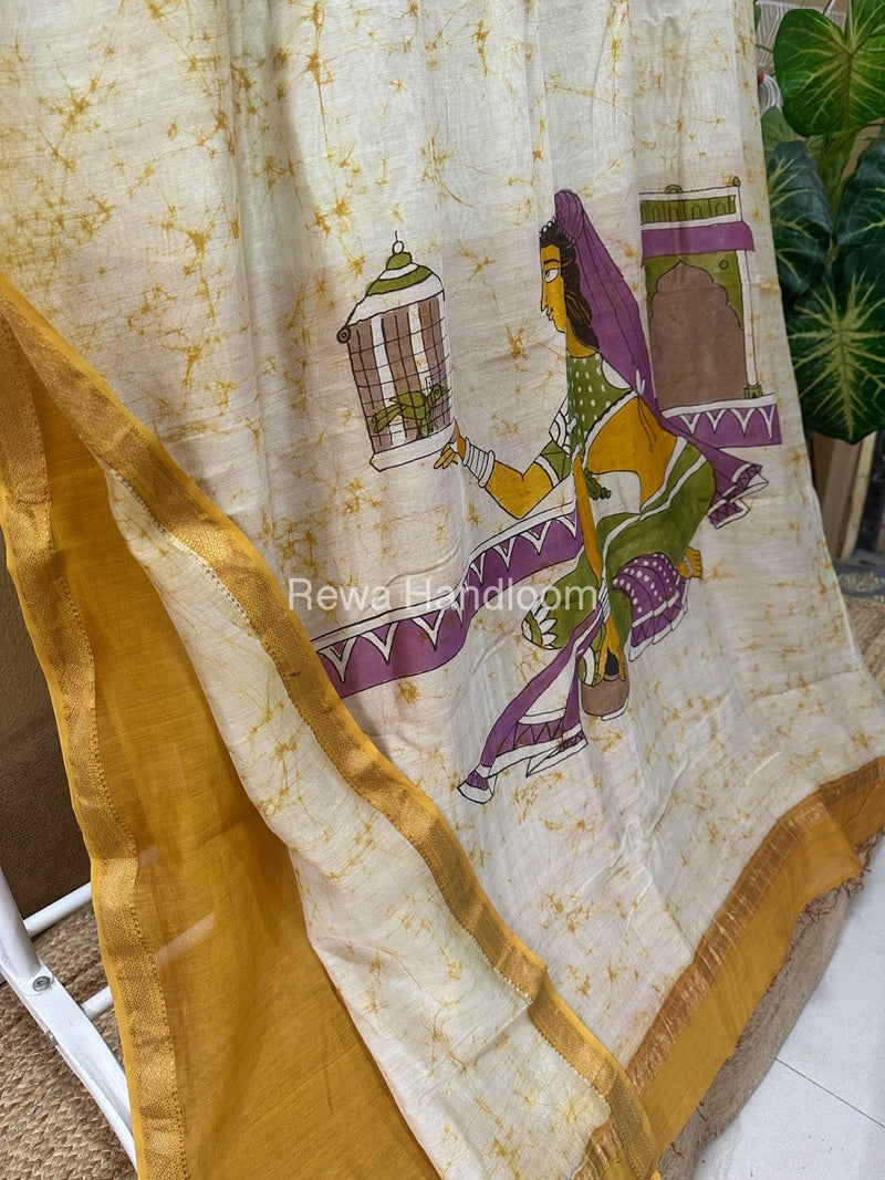 Maheshwari Yellow Batik Figure Handpainted Saree MFPS017