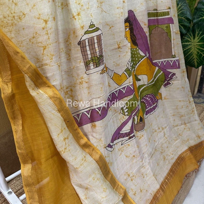 Maheshwari Yellow Batik Figure Handpainted Saree MFPS017