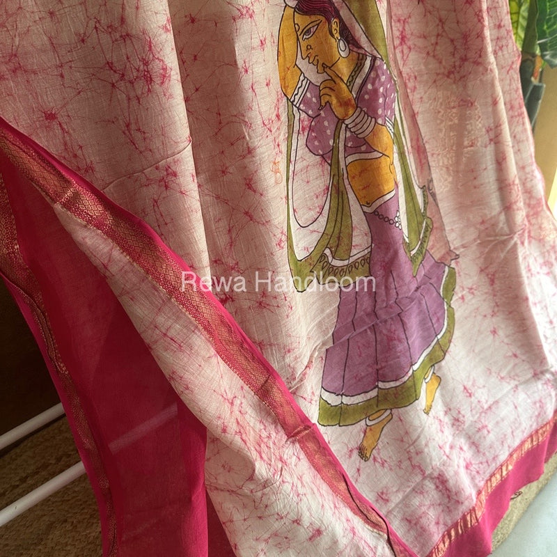 Maheshwari Pink Batik Figure Handpainted Saree MFPS01