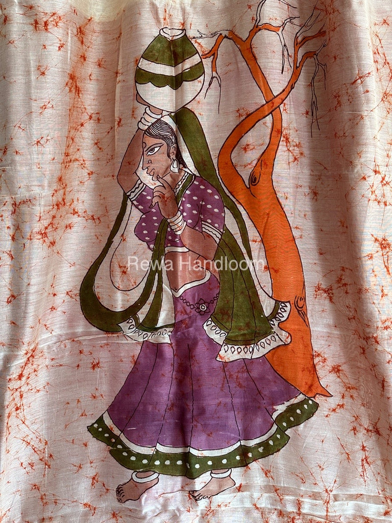 Maheshwari Orange Batik Figure Handpainted Saree MFPS03