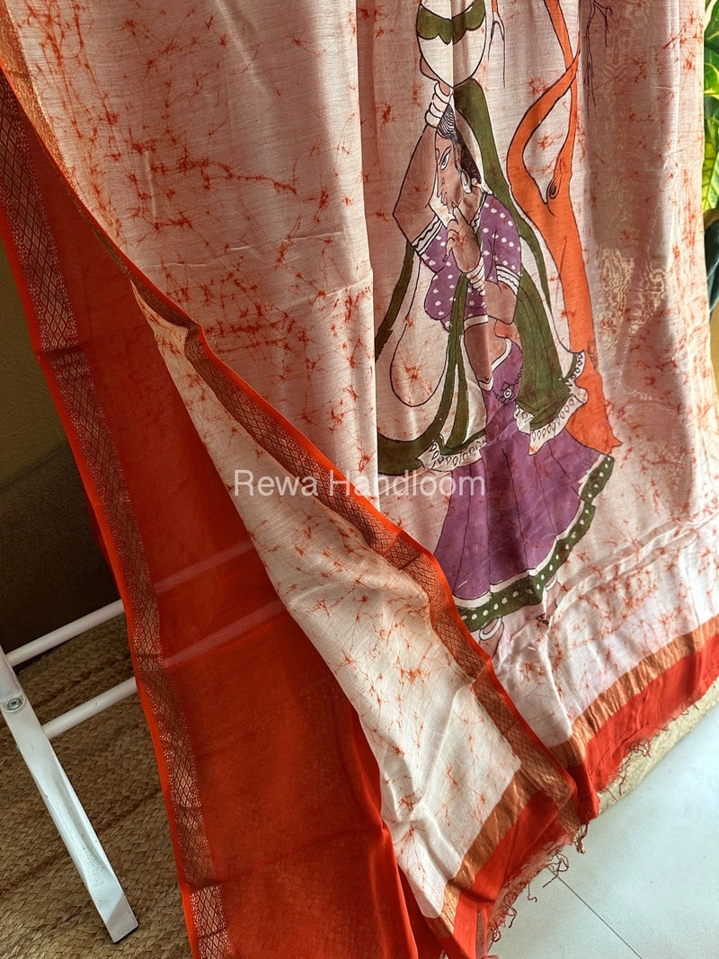 Maheshwari Orange Batik Figure Handpainted Saree MFPS03