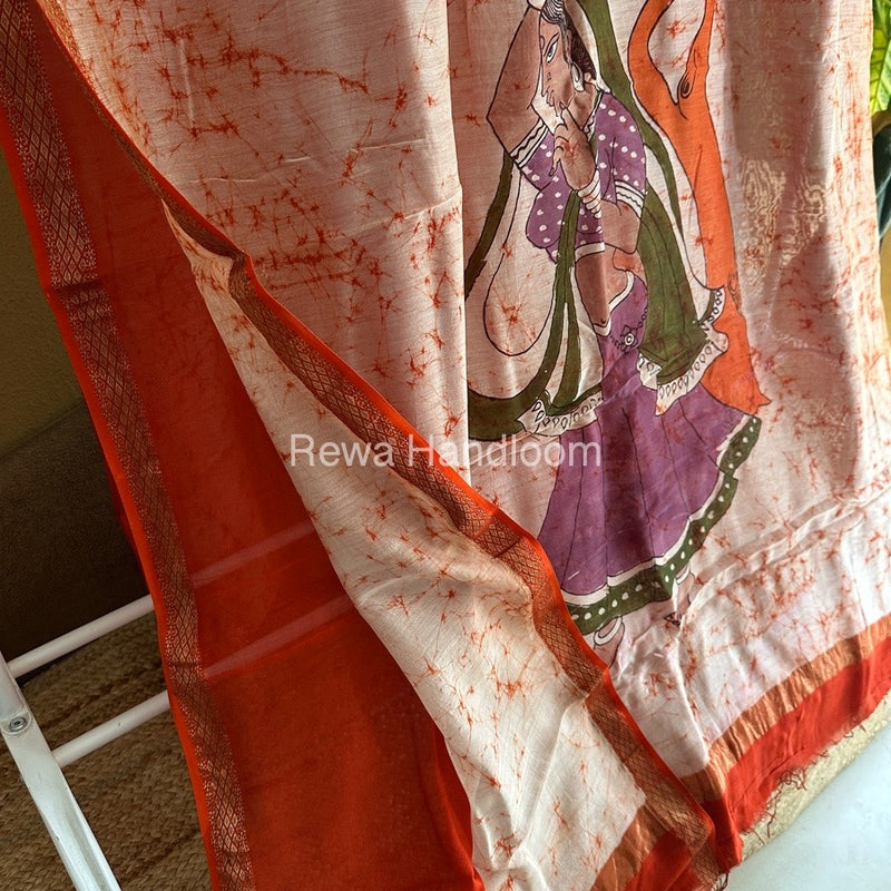 Maheshwari Orange Batik Figure Handpainted Saree MFPS03