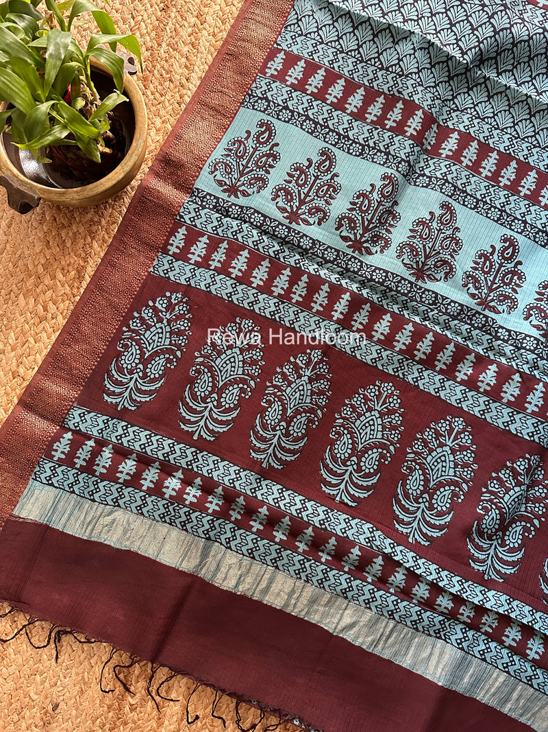 Maheshwari Maroon Bagh Print Small Border Saree MTBS130
