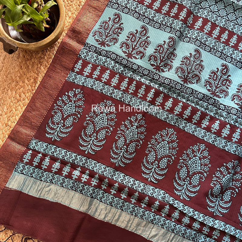 Maheshwari Maroon Bagh Print Small Border Saree MTBS130