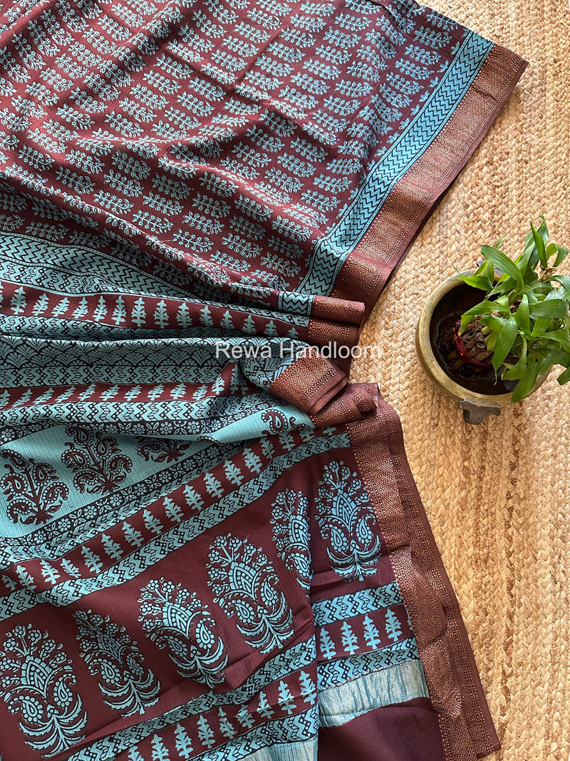 Maheshwari Maroon Bagh Print Small Border Saree MTBS130