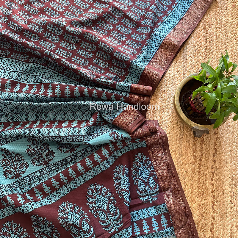 Maheshwari Maroon Bagh Print Small Border Saree MTBS130