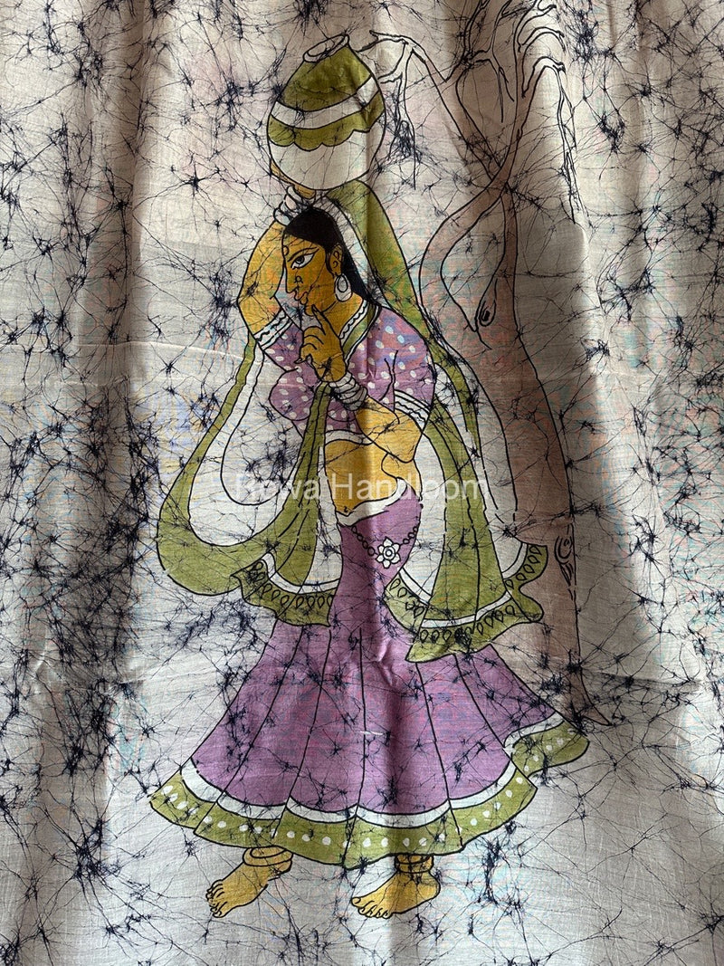 Maheshwari Navy Blue Batik Figure Handpainted Saree MFPS05