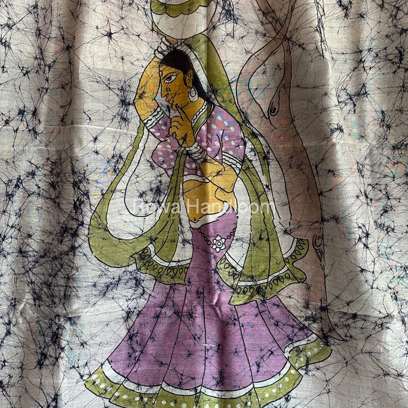 Maheshwari Navy Blue Batik Figure Handpainted Saree MFPS05