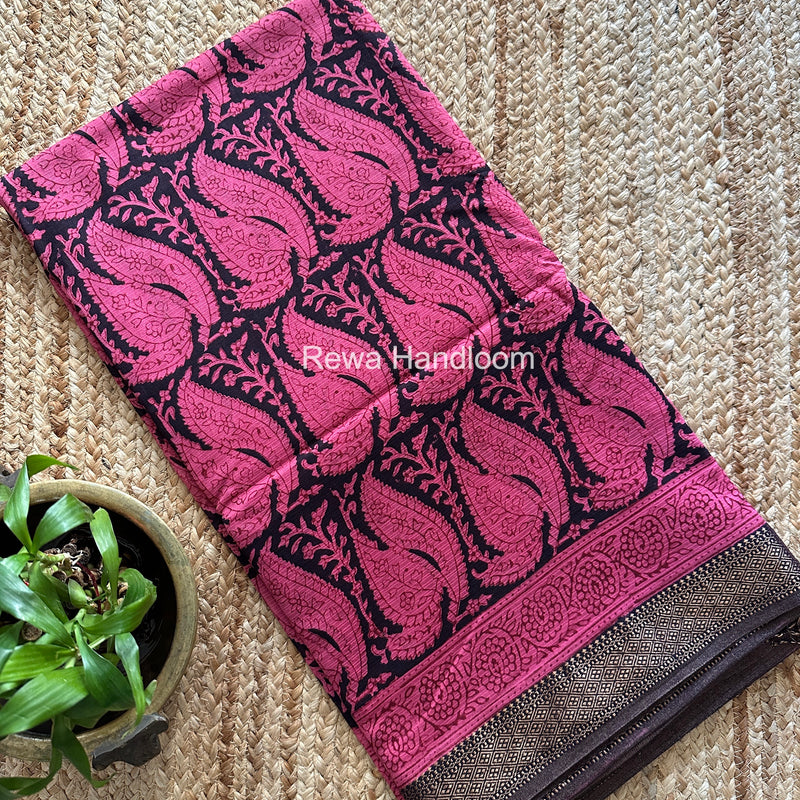 Maheshwari Pink Bagh Print Small Border Saree MTBS131