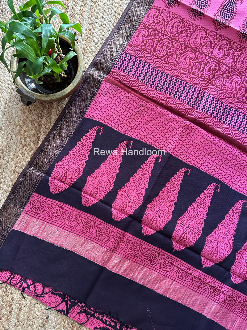 Maheshwari Pink Bagh Print Small Border Saree MTBS131
