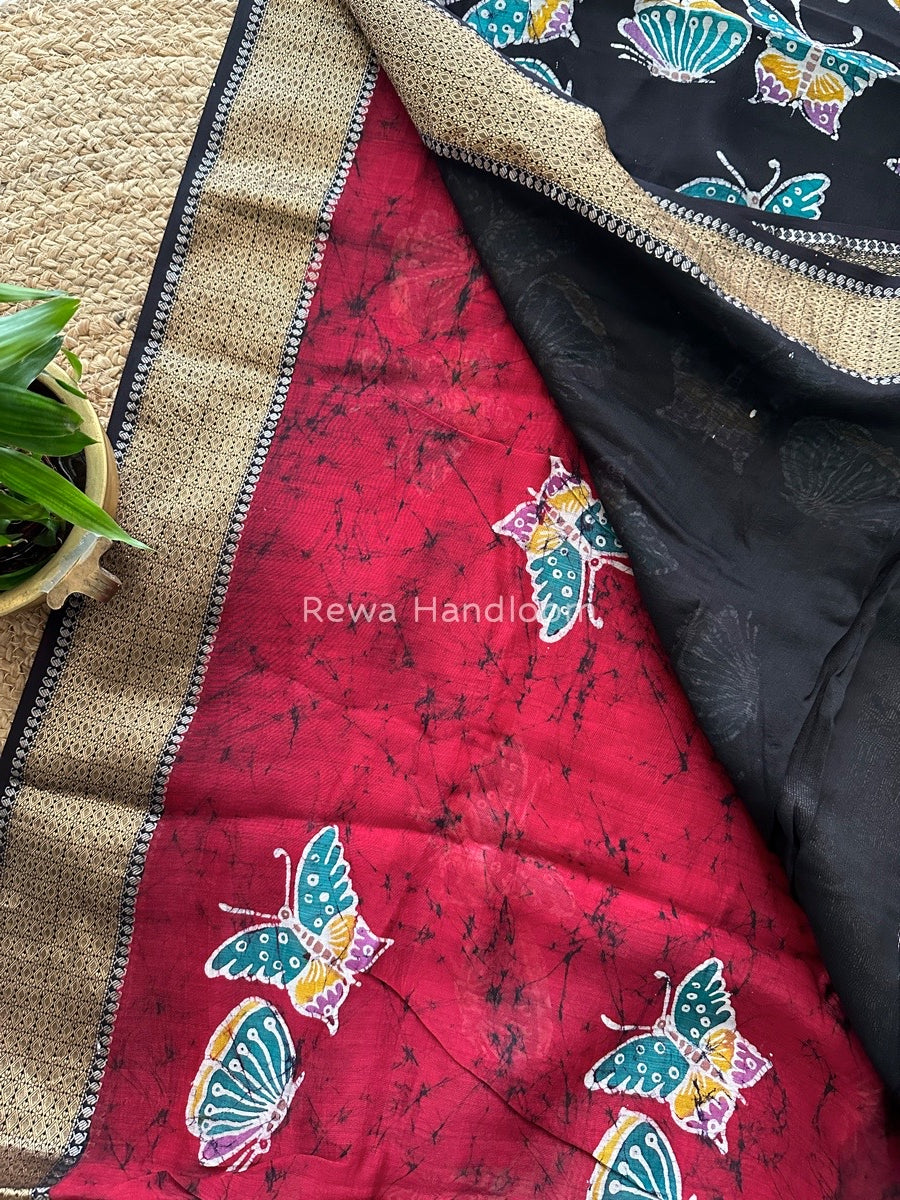 Maheshwari Red Batik Indonesian Print Saree IBS04