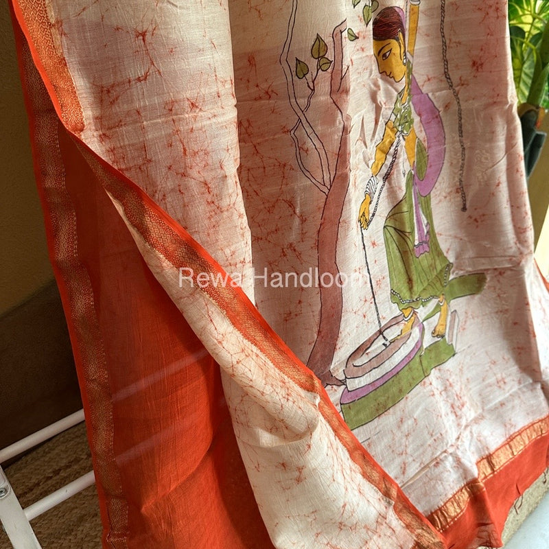 Maheshwari Orange Batik Figure Handpainted Saree MFPS06