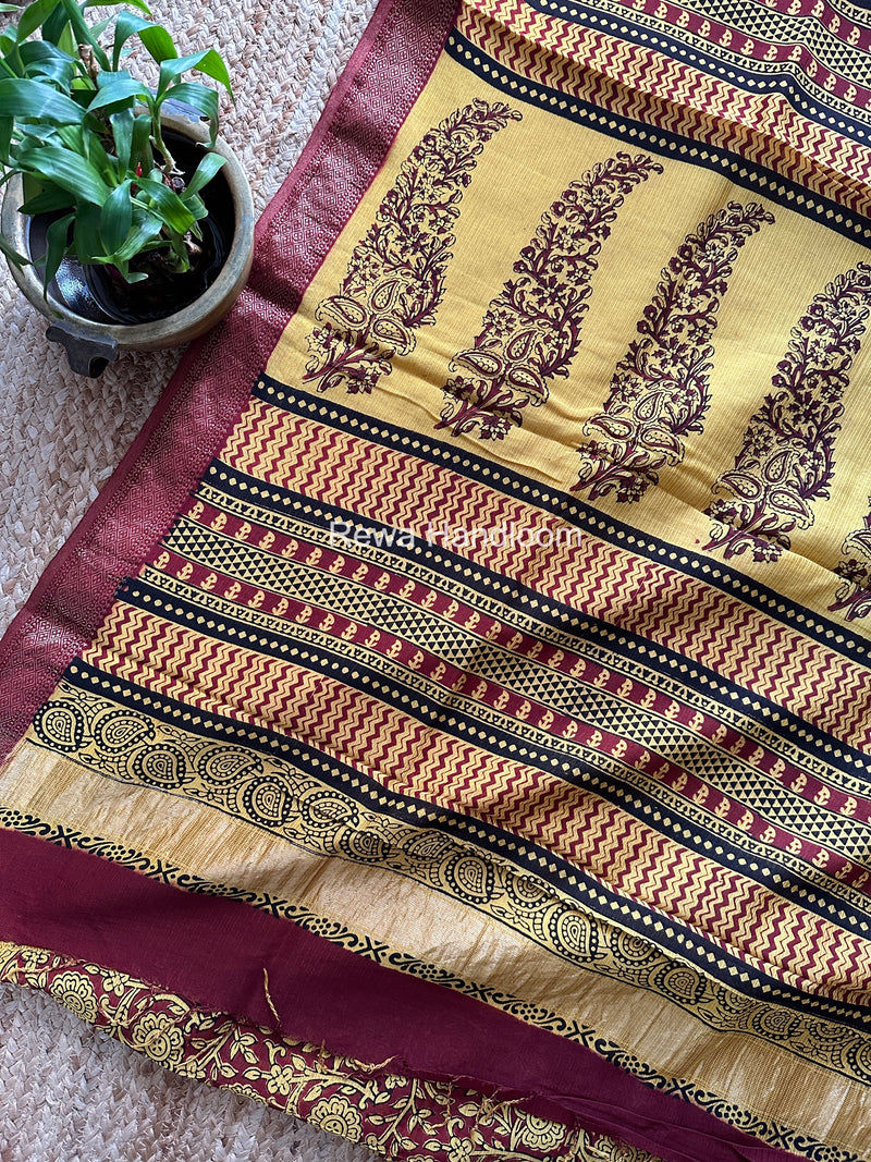 Maheshwari Yellow Bagh Print Small Border Saree MTBS132