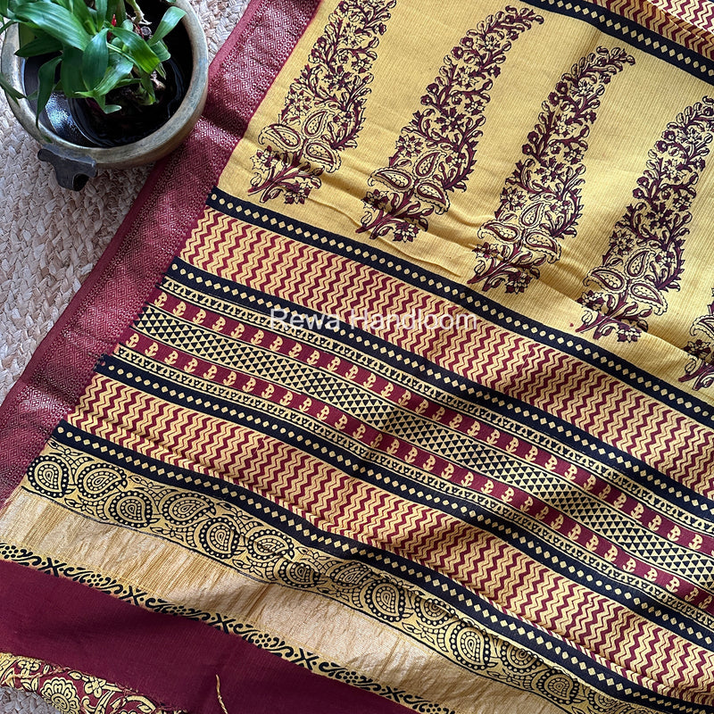 Maheshwari Yellow Bagh Print Small Border Saree MTBS132
