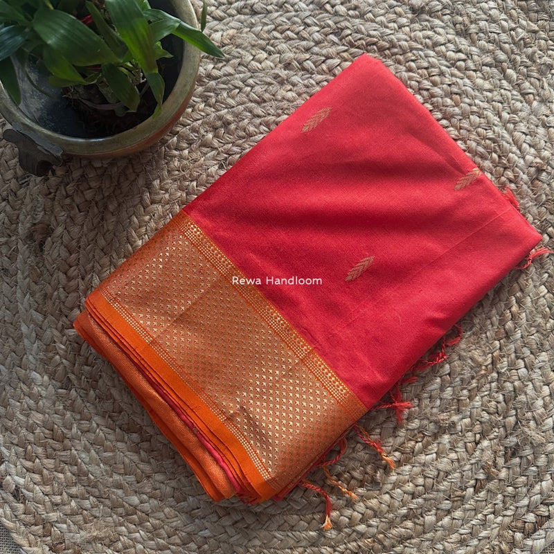 Maheshwari Dark Gajari Pure Silk Saree PS072