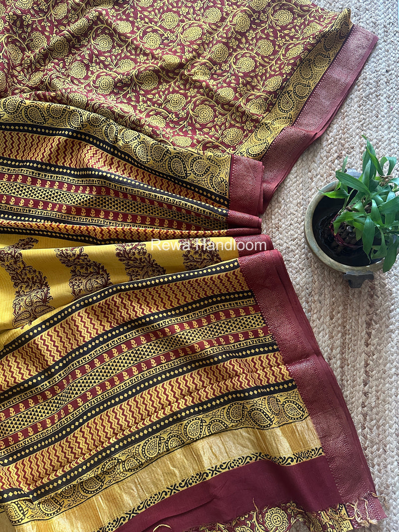 Maheshwari Yellow Bagh Print Small Border Saree MTBS132
