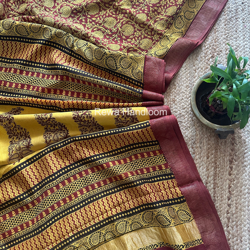 Maheshwari Yellow Bagh Print Small Border Saree MTBS132