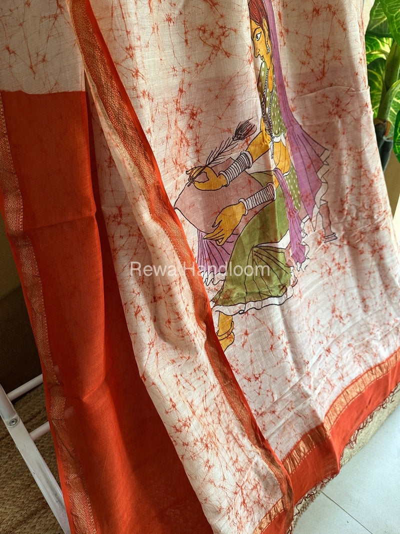 Maheshwari Orange Batik Figure Handpainted Saree MFPS016