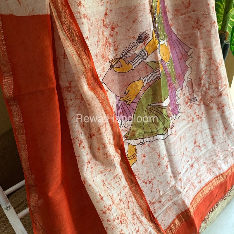 Maheshwari Orange Batik Figure Handpainted Saree MFPS016