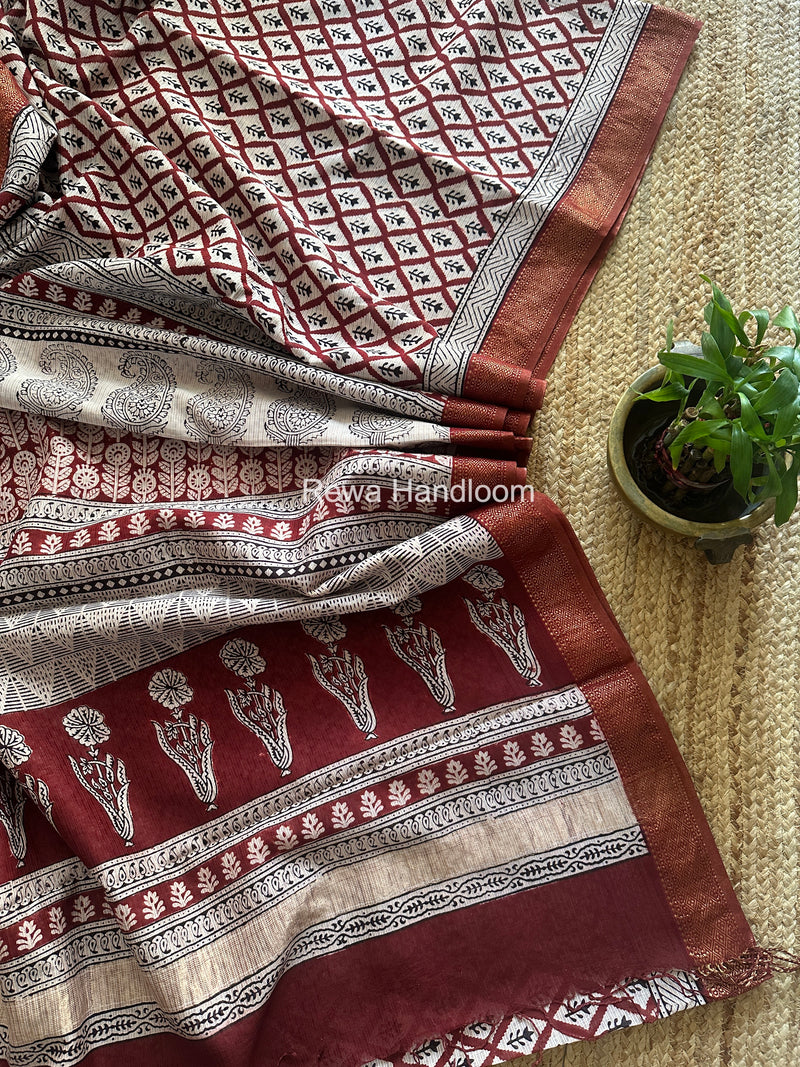Maheshwari White Bagh Print Small Border Saree MTBS133